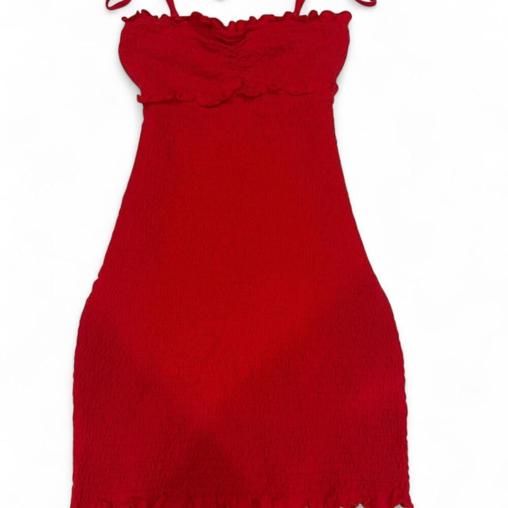 mory Park Cherry Red Smocked Mini Dress — Ruffle Trim, Bodycon Stretch